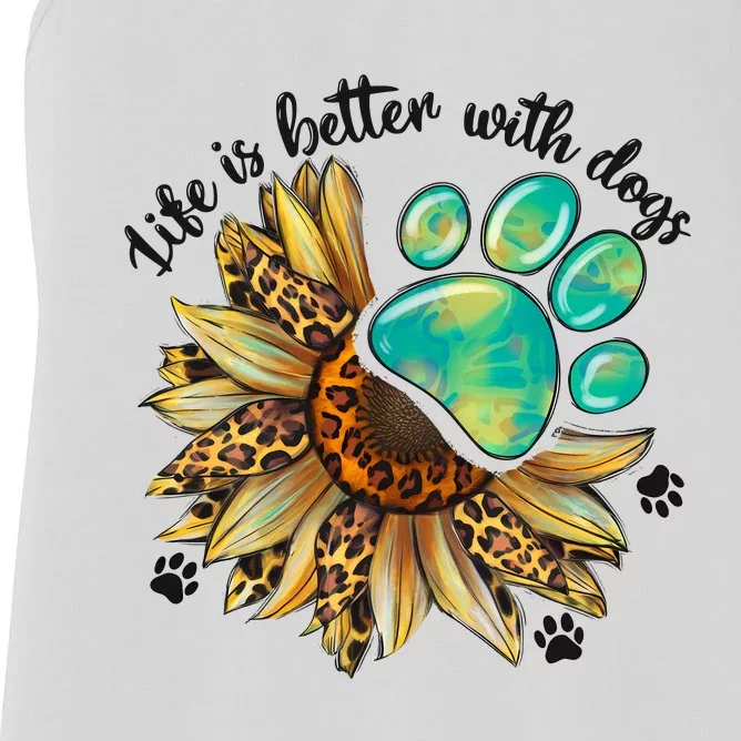 Life Is Better With Dogs’ Sublimation Featuring Dog Paws & Western Sunflowers Women's Racerback Tank