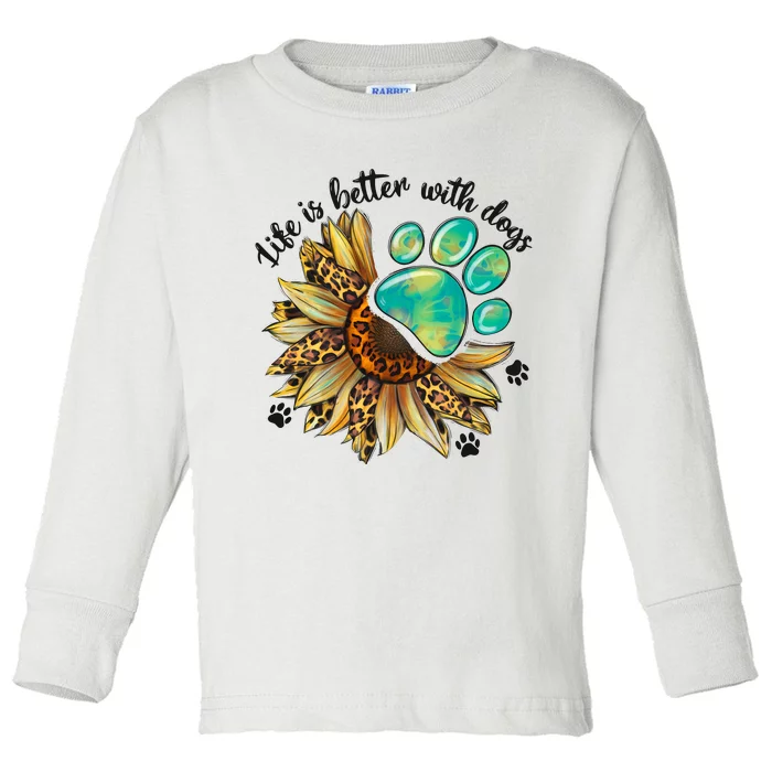 Life Is Better With Dogs’ Sublimation Featuring Dog Paws & Western Sunflowers Toddler Long Sleeve Shirt