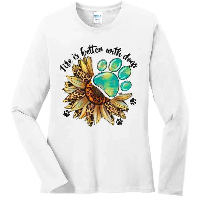 Life Is Better With Dogs’ Sublimation Featuring Dog Paws & Western Sunflowers Ladies Long Sleeve Shirt