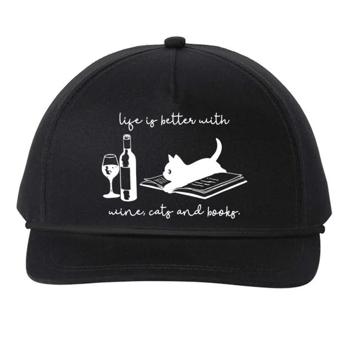 Life Is Better With Wine Cats And Books Black Cat Funny Cute Gift Snapback Five-Panel Rope Hat