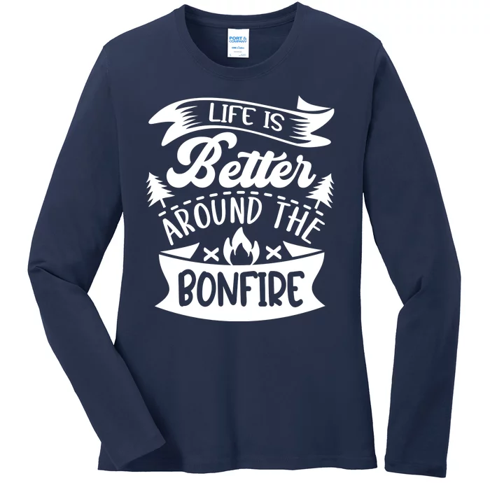 Life Is Better Behind The Bonfire Funny Camping Ladies Long Sleeve Shirt