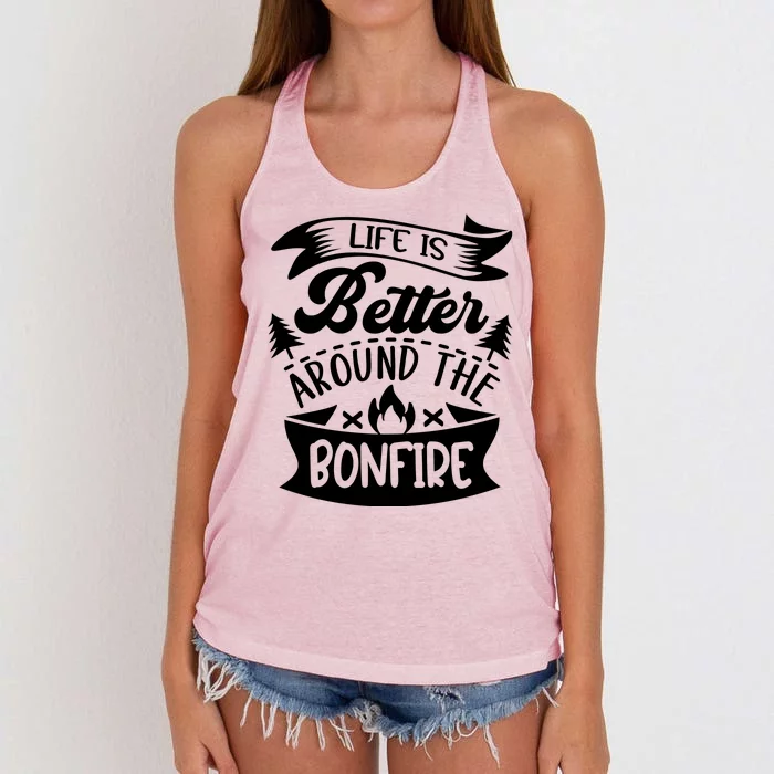 Life Is Better Behind The Bonfire Funny Camping Women's Knotted Racerback Tank