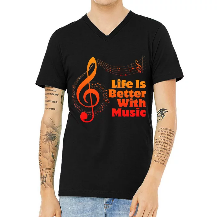 Life Is Better With Music Theory Musician Teacher Notes Clef V-Neck T-Shirt