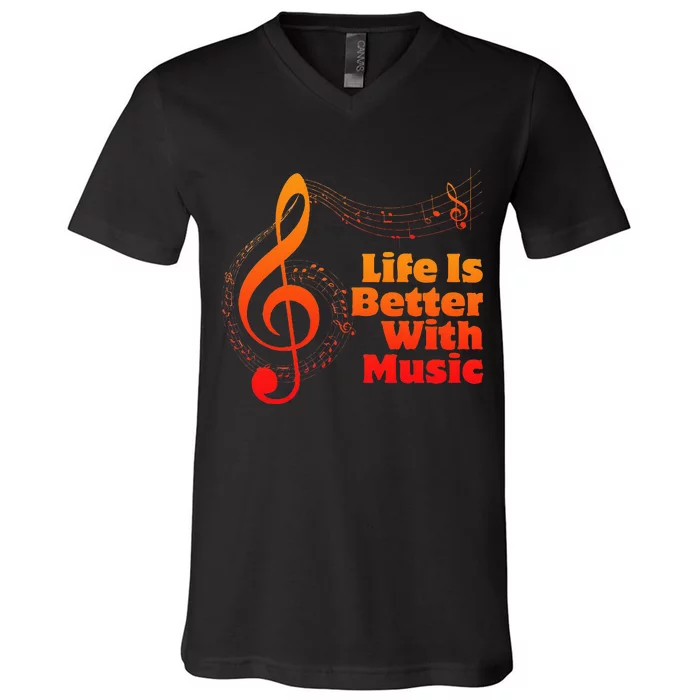 Life Is Better With Music Theory Musician Teacher Notes Clef V-Neck T-Shirt