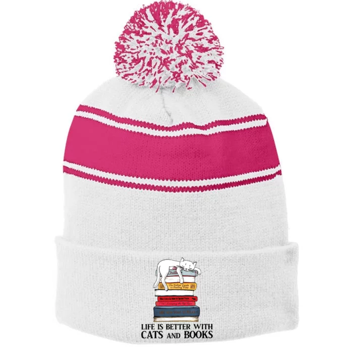 Life Is Better With Cats And Books Cat Book Stripe Pom Pom Beanie