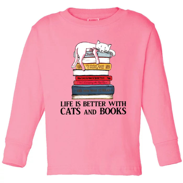 Life Is Better With Cats And Books Cat Book Toddler Long Sleeve Shirt