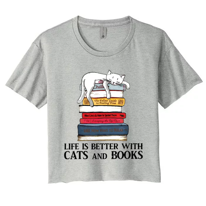 Life Is Better With Cats And Books Cat Book Women's Crop Top Tee