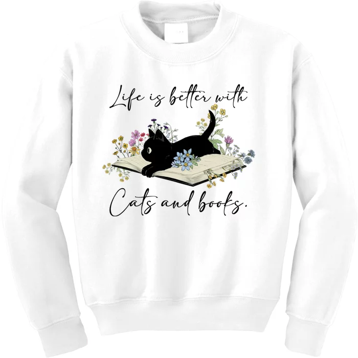 Life Is Better With Cats And Books Kids Sweatshirt