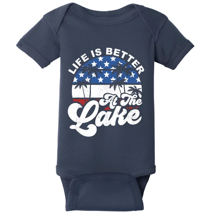 Life Is Better At The Lake 4th of July American Flag Summer Baby Bodysuit