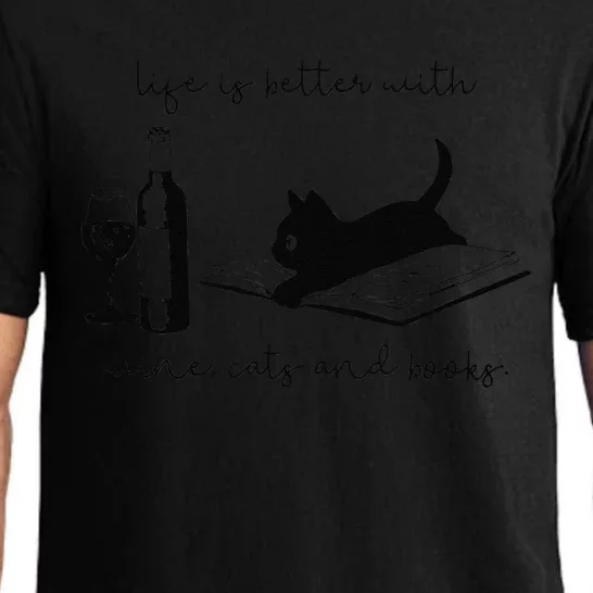 Life Is Better With Wine Cats And Books Black Cat Funny Pajama Set