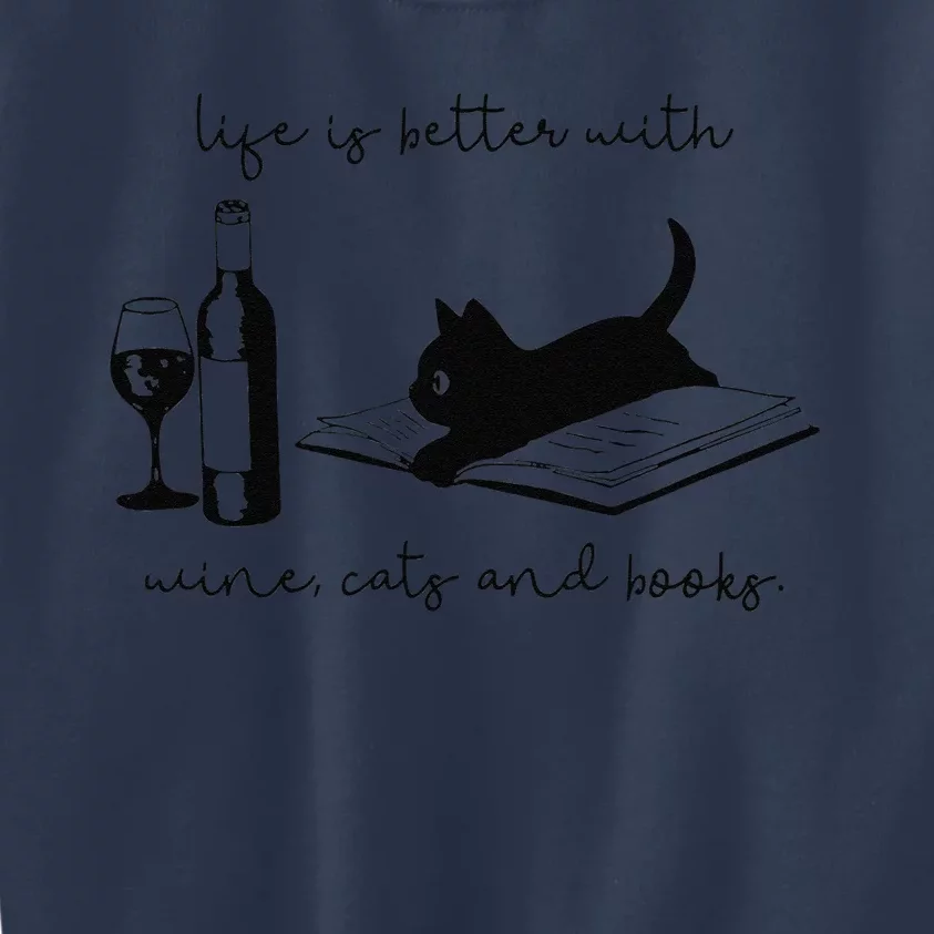 Life Is Better With Wine Cats And Books Black Cat Funny Kids Sweatshirt