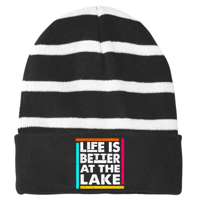 Life Is Better At The Lake Funny Camping Fishing Striped Beanie with Solid Band