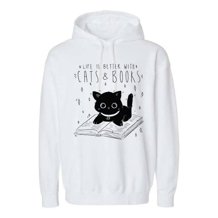 Life is better with Cats & Books Lover Book Nerd Librarian Garment-Dyed Fleece Hoodie