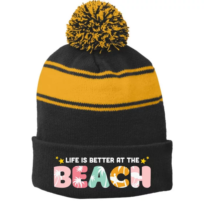 Life Is Better At The Beach Summer Tropical Stripe Pom Pom Beanie