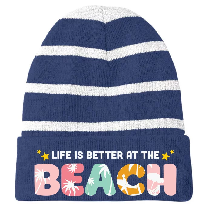 Life Is Better At The Beach Summer Tropical Striped Beanie with Solid Band