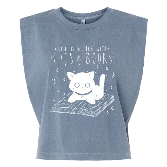 Life Is Better With Cats And Books Reader Literature Cat Meme Meaningful Gift Garment-Dyed Women's Muscle Tee