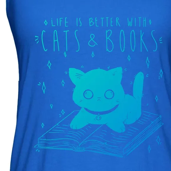 Life Is Better With Cats And Books Reader Literature Cat Meme Meaningful Gift Ladies Essential Flowy Tank