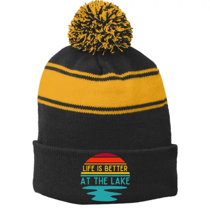 Life Is Better At The Lake Life Bum Lake Lover Pontoon Stripe Pom Pom Beanie