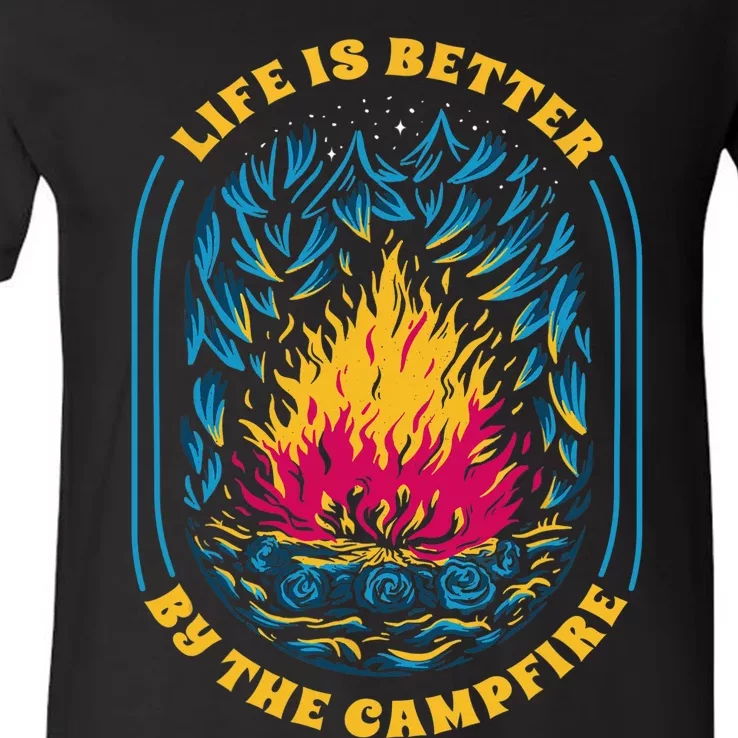 Life Is Better By The Campfire Funny Camper Nature Camping V-Neck T-Shirt