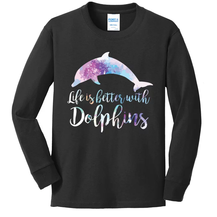 Life Is Better With Dolphins Vintage Dolphin Lover Graphic Kids Long Sleeve Shirt