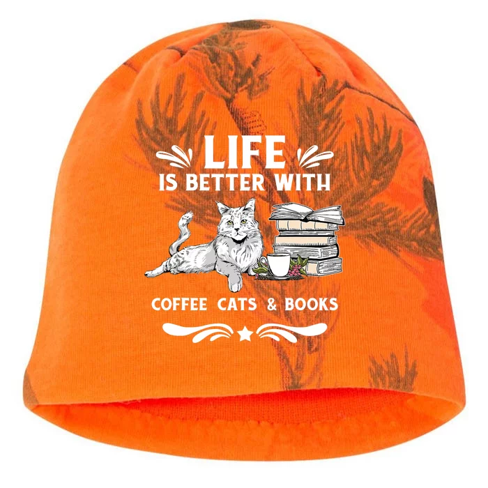 Life Is Better With Coffee Cats And Books Funny Cat Lover Kati - Camo Knit Beanie