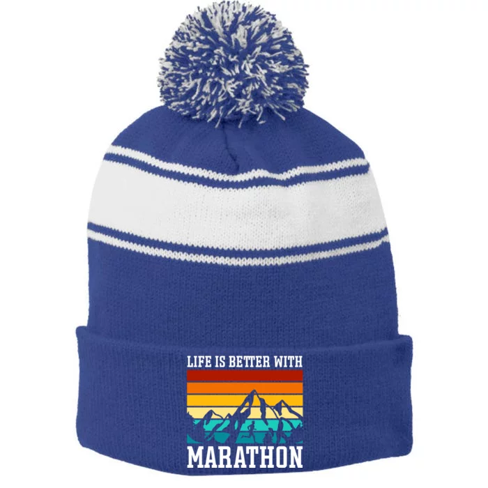 Life Is Better With Marathon Gift Retro Running Funny Marathon Gift Stripe Pom Pom Beanie