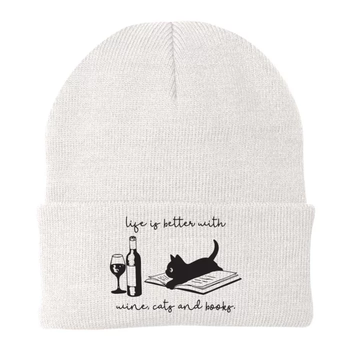 Life Is Better With Wine Cats And Books Black Cat Funny Knit Cap Winter Beanie