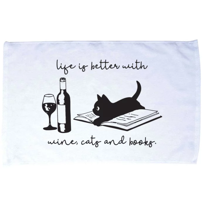 Life Is Better With Wine Cats And Books Black Cat Funny Microfiber Hand Towel