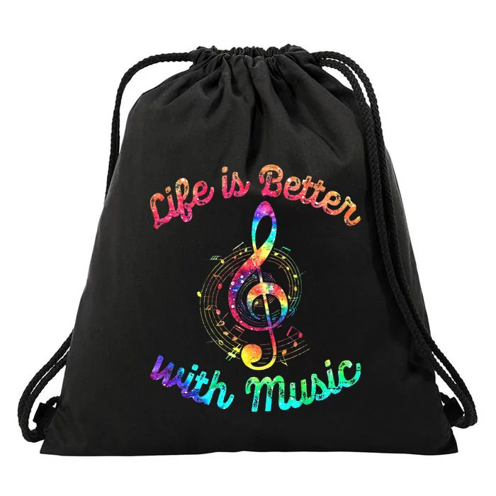 Life Is Better With Music Notes Symbol Tie Dye Musician Drawstring Bag