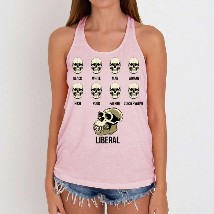 Liberal Monkey Black White Man Woman Rich Poor Patriot Conservative Women's Knotted Racerback Tank