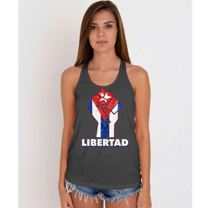 Libertad Cuba Cuban Flag Protest Fist Women's Knotted Racerback Tank