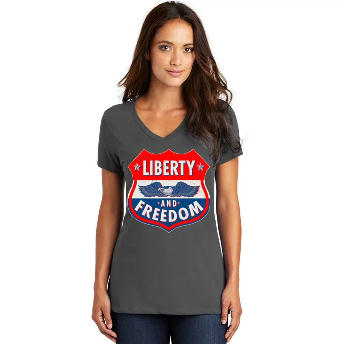 Liberty And Freedom US Eagle Road Sign Women's V-Neck T-Shirt