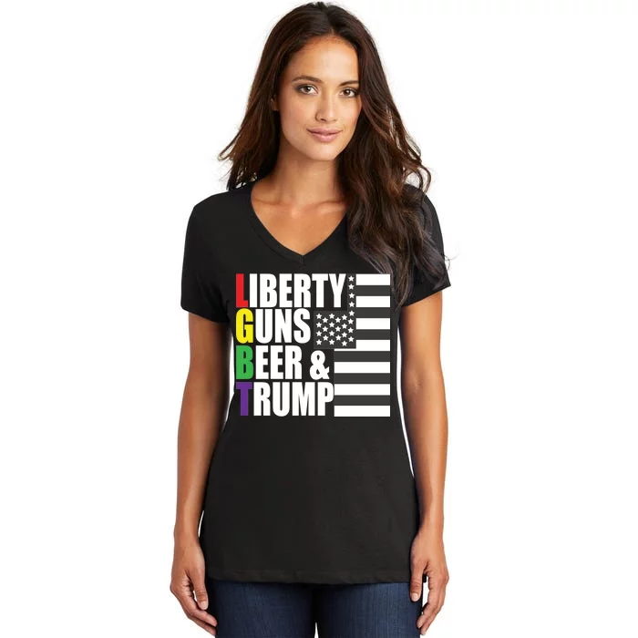 Liberty Guns Beer Trump LGBT Flag Women's V-Neck T-Shirt