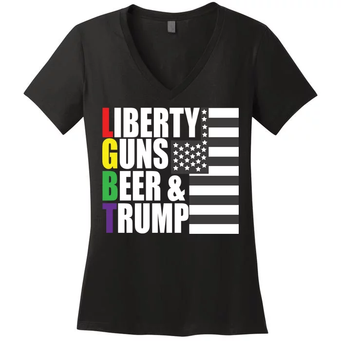 Liberty Guns Beer Trump LGBT Flag Women's V-Neck T-Shirt