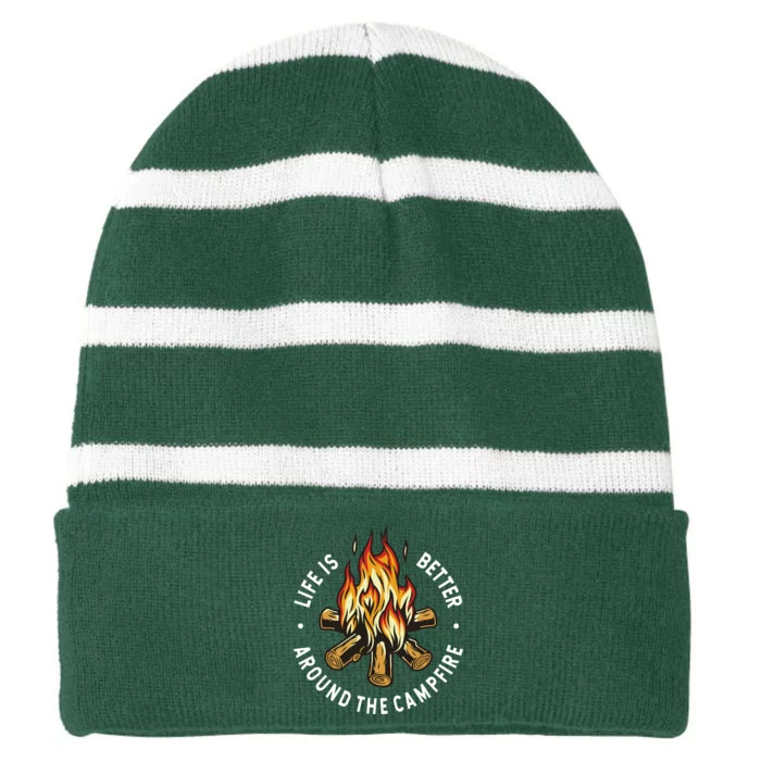 Life Is Better Around The Campfire Striped Beanie with Solid Band