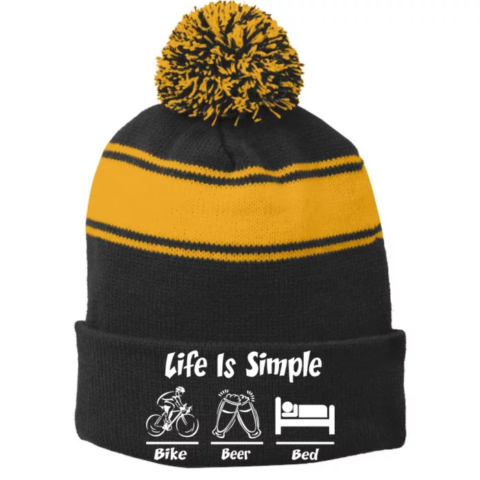 Life Is Simple Bike Beer Bed Stripe Pom Pom Beanie