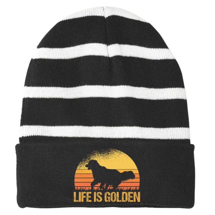 Life Is Golden Dog Golden Retriever Lover Golden Retriever Striped Beanie with Solid Band