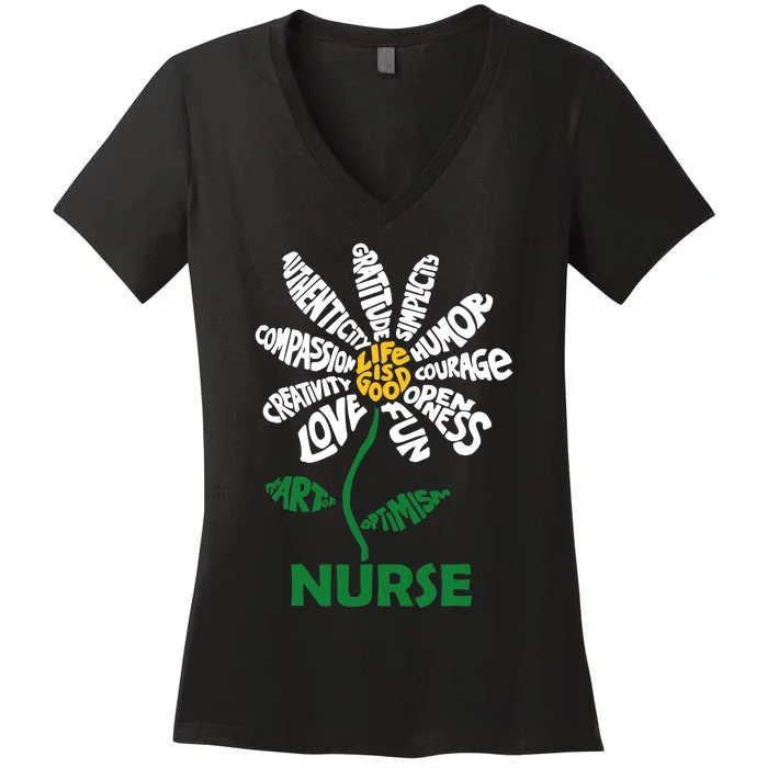 Life Is Good Nurse Flower The Art Of Optimism Women's V-Neck T-Shirt