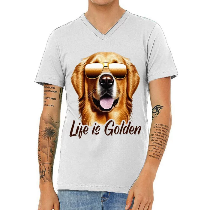 Life is Golden Funny Golden Retriever Cute Dog Good Pet Life V-Neck T-Shirt