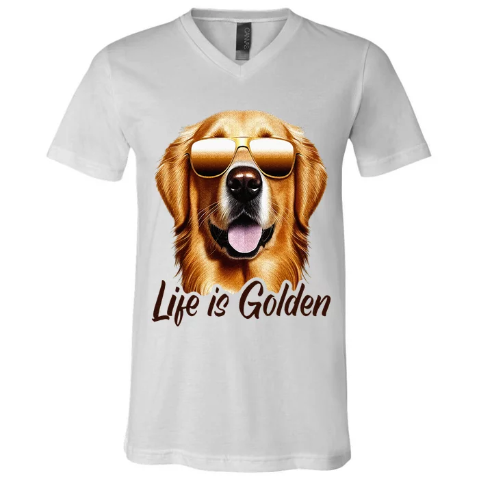 Life is Golden Funny Golden Retriever Cute Dog Good Pet Life V-Neck T-Shirt