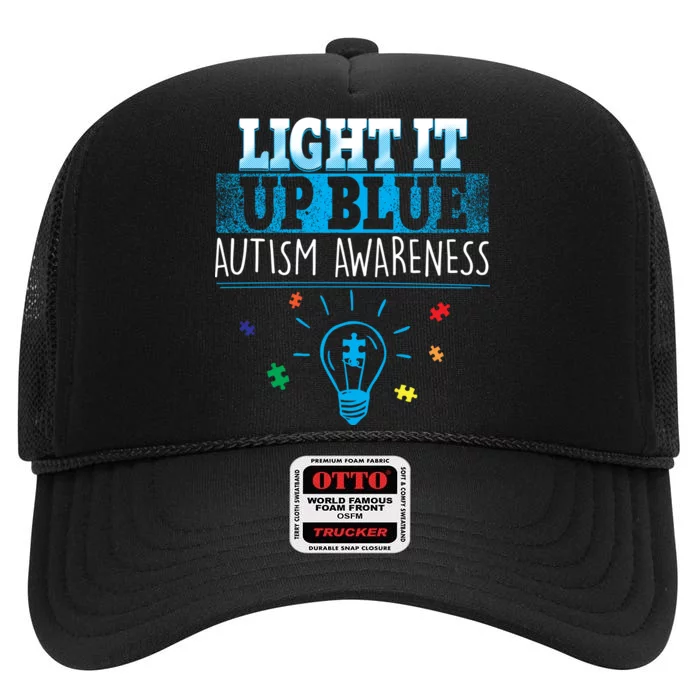 Light It Up Blue Autism Puzzle Bulb High Crown Mesh Trucker Hat