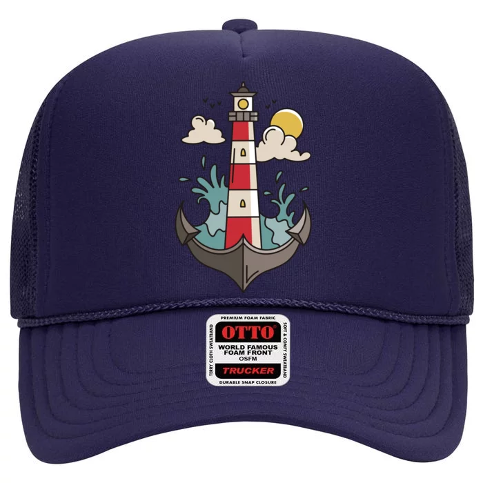 Lighthouse Anchor Ocean High Crown Mesh Trucker Hat