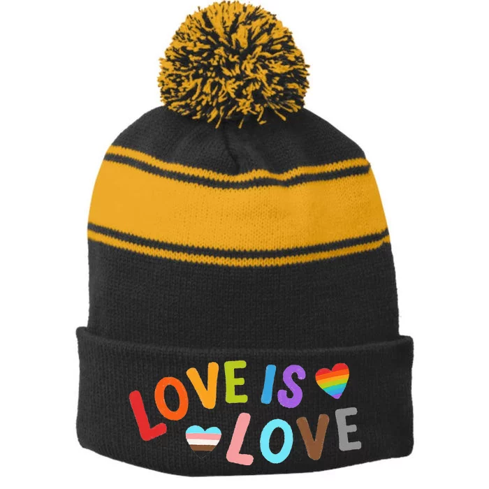 Love Is Love Pride Month LGBTQ Peace No Hate Classic Stripe Pom Pom Beanie