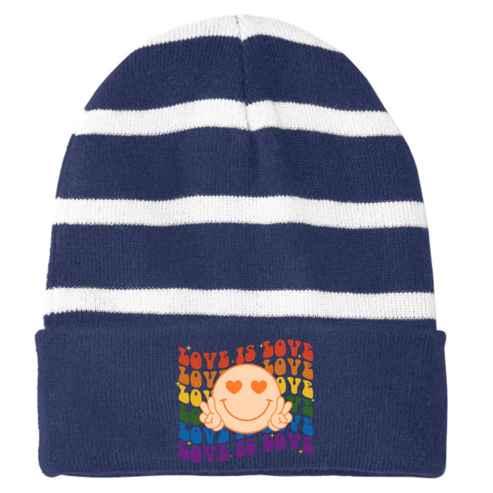 Love Is Love Colorful Hippie Smile Peace Striped Beanie with Solid Band