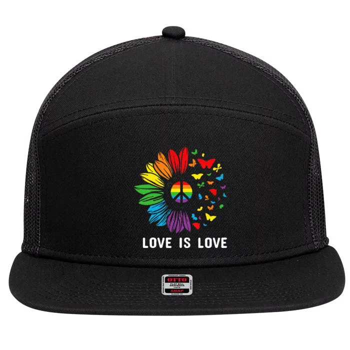 Love Is Love Sunflower Rainbow G.A.Y Lesbian Lgbt Pride 7 Panel Mesh Trucker Snapback Hat