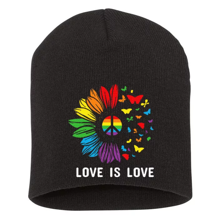 Love Is Love Sunflower Rainbow G.A.Y Lesbian Lgbt Pride Short Acrylic Beanie