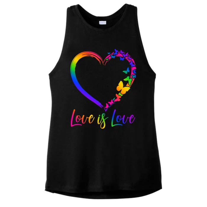 Love Is Love Rainbow Butterfly Heart Ladies Tri-Blend Wicking Tank