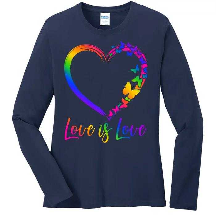 Love Is Love Rainbow Butterfly Heart Ladies Long Sleeve Shirt