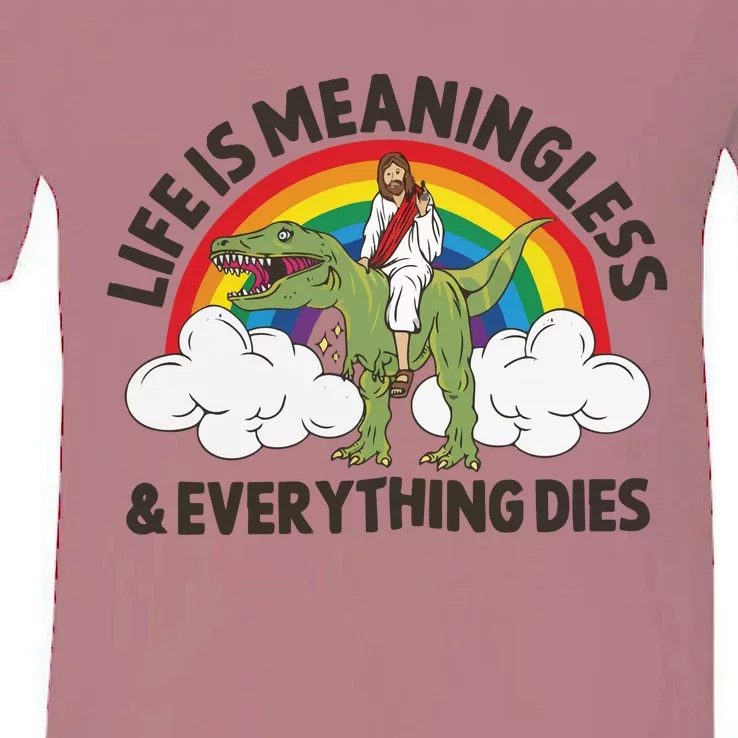 Life Is Meaningless And Everything Dies Jesus Riding Dinosaur V-Neck T-Shirt