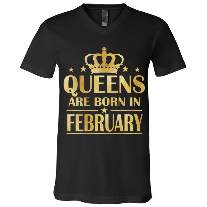 Limited Edition Queens Are Born In February Gold Print V-Neck T-Shirt